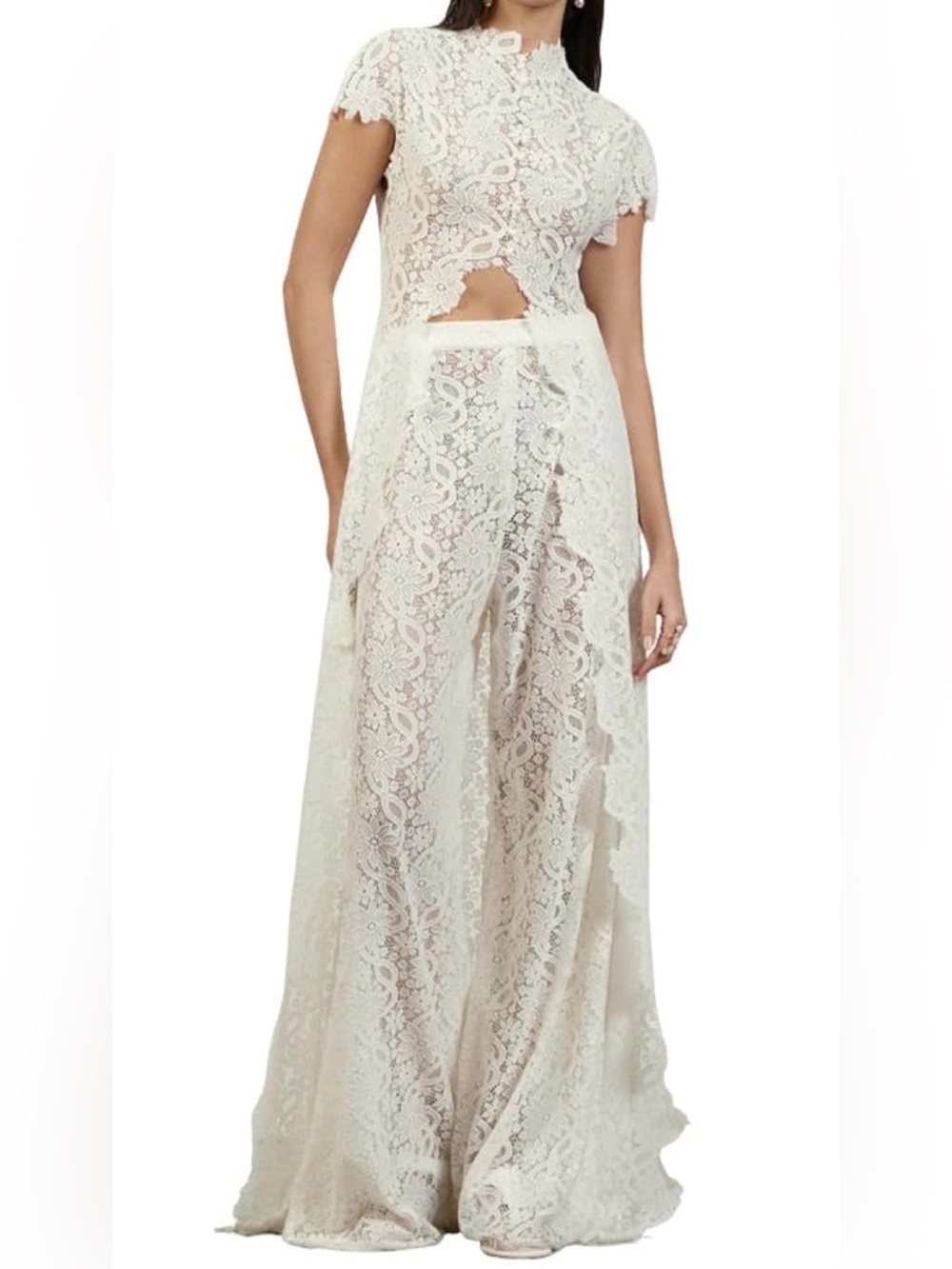 Cream Lace Wide-Leg Jumpsuit (top and bottom ) with Sheer Overlay